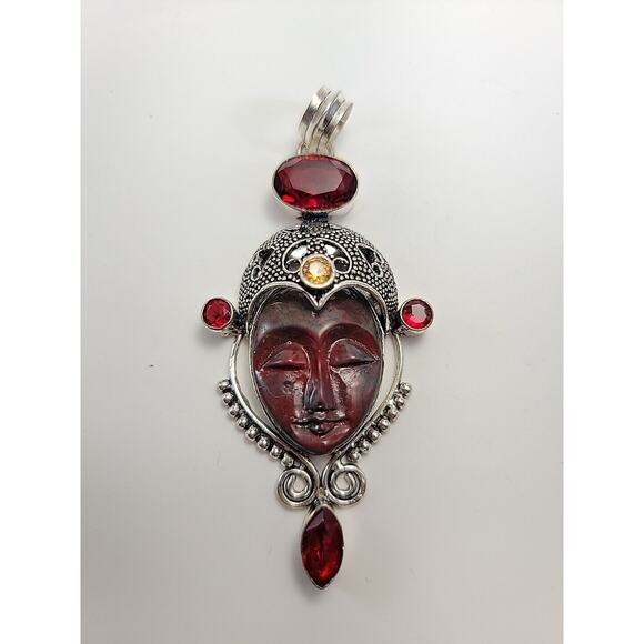 Sterling Silver Bali Goddess Pendant Necklace with Garnet Stones, Red - Picture 2 of 8